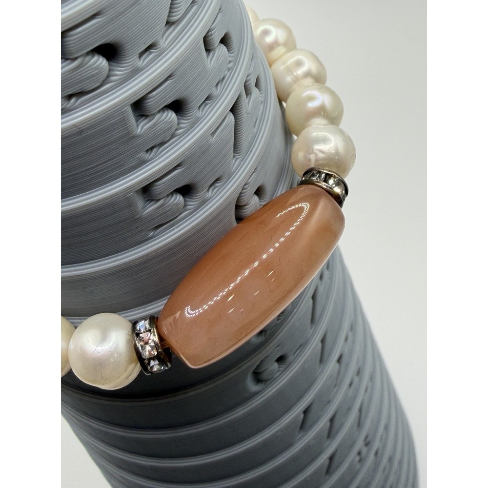 Genuine Pearl And Peach Quartz Stretch Bracelet with Rhinestone Spacer Beads - Picture 10 of 10